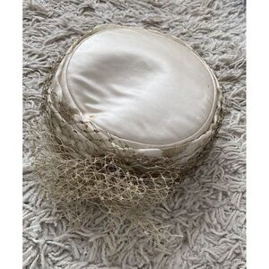 Vintage Suzanne Custom Millinery Hat Satin Gold Cream Silk Mesh 1950s